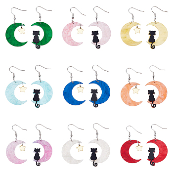 FIBLOOM 9 Sets 9 Colors Moon & Star & Cat Resin Asymmetrical Earrings, Dangle Stud Earrings with Steel Pins for Women, Mixed Color, 54.5x27mm, 58.5x26mm, 1 set/color