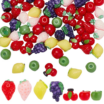 70Pcs 7 Styles Opaque Resin Decoden Cabochons, Imitation Fruit, Cherry & Strawberry & Apple & Lemon & Grape Pattern, Mixed Color, 11~19x12~18x9~12.5mm, 10pc/style