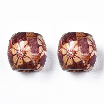 Printed Natural Wood Beads, Large Hole Beads, Barrel with Rhombus & Flower, Brown, 18x17mm, Hole: 7mm, about 310pcs/500g