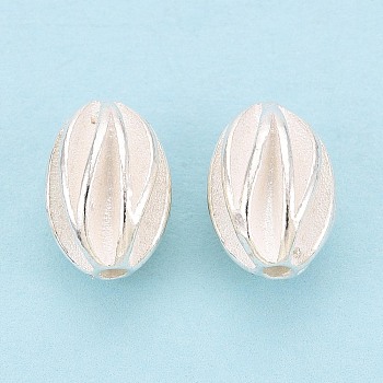 925 Sterling Silver Beads, Corrugated Oval, Silver, 11.5x8.5mm, Hole: 1.6mm