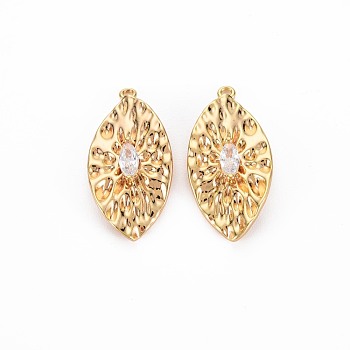 Brass Micro Pave Clear Cubic Zirconia Pendants, Nickel Free, Leaf, Real 18K Gold Plated, 26x13x3mm, Hole: 1.2mm