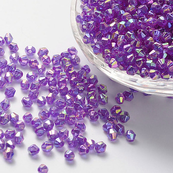 Bicone AB Color Plated Eco-Friendly Transparent Acrylic Beads, Purple, 4x4mm, Hole: 1mm, about 1660pcs/50g