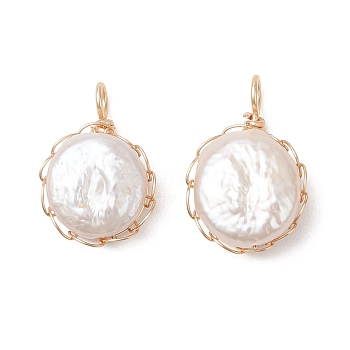 Natural Keshi Pearl Pendants, Flat Round Charms with Copper Wire Wrapped, Golden, Creamy White, 18.5~20x12.5~13x5.5~6.5mm, Hole: 2.5~3mm