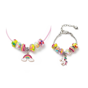 DIY European Bracelet Necklace Making Kit for Kid, Including Brass Chain Bracelet & Wax Rope Necklace Making, Large Hole Style Alloy Pendant & Resin Beads, Colorful, Pendant: 27.5~30mm, Hole: 5mm, 16Pcs/set