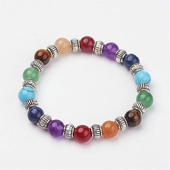 Natural & Synthetic Gemstone Beaded Stretch Bracelets, with Alloy Spacer Beads, Colorful, 1-7/8 inch(47mm)