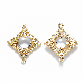 Glass Links connectors, with Eco-Friendly Alloy Open Back Berzel Findings and Clear Cubic Zirconia, Rhombus, Nickel Free, Light Gold, Clear, 23.5x19x4.5mm, Hole: 1.2mm