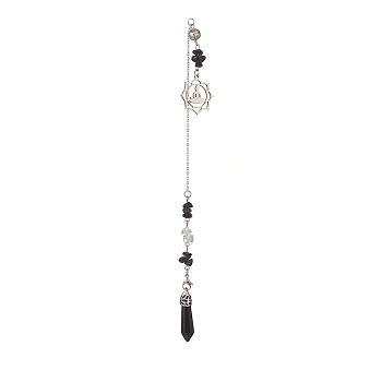 Natural Obsidian Pointed Dowsing Pendulums, with Stainless Steel Flower, Bullet, 270mm, Pendant: 26x24.7x1.3mm