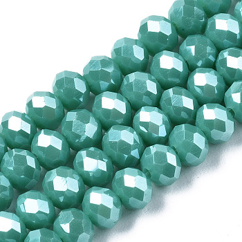 Electroplate Glass Beads Strands, Pearl Luster Plated, Faceted, Rondelle, Medium Turquoise, 10x8mm, Hole: 1mm, about 63~65pcs/strand, 49~50cm