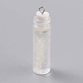 Transparent Glass Bottle Pendant Decorations, with Feather Inside and Plastic Stopper, White, 41x11mm, Hole: 2mm