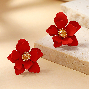 Sweet and Stylish Multi-layer Petal Flower Stud Earrings for Women, Red