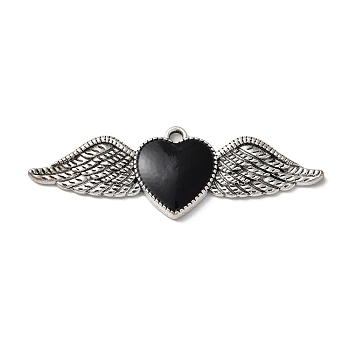 Alloy Pendants, with Black Enamel, Antique Silver, Heart with Wing Charm, 18x54x3mm, Hole: 2mm