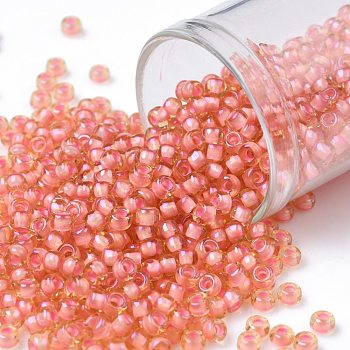 TOHO Round Seed Beads, Japanese Seed Beads, (924) Peach Lined Topaz, 8/0, 3mm, Hole: 1mm, about 1110pcs/50g