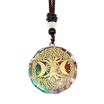 Orgonite Chakra Natural & Synthetic Mixed Stone Pendant Necklaces, Nylon Thread Necklace for Women, Flat Round, Moon, 25.59 inch(65cm)