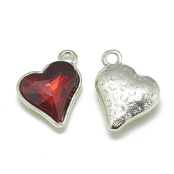 Alloy Glass Pendants, Faceted, Heart, Platinum, Red, 17x15x5mm, Hole: 1.5mm
