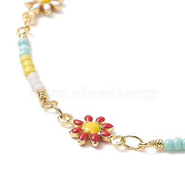 Brass Flower Link Chain Bracelet with Seed Beaded for Women(BJEW-JB09297)-4