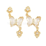Brass Micro Pave Cubic Zirconia Connector Charms, Butterfly with Flower Links, with Glass, Lead Free & Cadmium Free, Long-Lasting Plated, Rack Plating, Real 18K Gold Plated, Clear, 46x21x4mm, Hole: 1.4mm(CU-CBACDF6-01G-12)