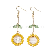 Sunflower Glass Beaded Dangle Earrings, Brass Earrings for Women, Golden, 72x21.5mm(EJEW-TA00519)