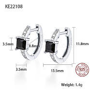 Platinum Rhodium Plated 925 Sterling Silver Hoop Earrings, Square Cubic Zirconia Earrings, with S925 Stamp, Black, 11.8x13.5mm(ZC1005-5)