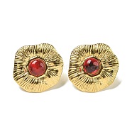 Ion Plating(IP) 304 Stainless Steel Stud Earrings, with Cat Eye, Golden, Nuggets, Red, 25x25.4mm(EJEW-G400-49G-02)