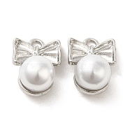 ABS Pearl Pendants, with Rack Plating Alloy Findings, Bowknot, Platinum, 18.5x13.5x11mm, Hole: 2.4mm(PALLOY-P303-11P)