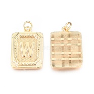 Brass Pendants, with Jump Rings, Cadmium Free & Nickel Free & Lead Free, Rectangle with Letter, Real 18K Gold Plated, Letter.W, 22.5x16x2mm, Jump Ring: 5x1mm, 3mm inner diameter(KK-N232-512W)