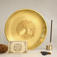 Tree of Life Pattern Flat Round 201 Stainless Steel Candle Holders, with Magnet, Pentacle Parchment Paper, 9-Hole Incense Holder, Home Tabletop Centerpiece , Golden, 14.5x14.5x1.7cm(AJEW-K038-01G)