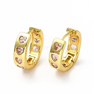 Pink Cubic Zirconia Heart Hoop Earrings, Rack Plating Brass Jewelry for Women, Lead Free & Cadmium Free, Real 18K Gold Plated, 15x5x16mm, Pin: 1mm(EJEW-H093-13G)