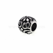 304 Stainless Steel European Beads, Large Hole Beads, Drum with Flower, Antique Silver, 10x10.5mm, Hole: 5mm(STAS-M301-19AS)