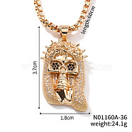 Brass Crystal Rhinestone Skull Crowned Jesus Pendant Box Chain Necklaces, Golden, 23.62 inch(60cm)(PU6252-1)