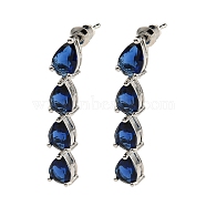 Rack Plating Platinum Tone Brass Glass Studs Earrings for Women, Teardrop, Dark Blue, 41x7mm(EJEW-H310-01P-02)
