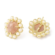 Natural Sunstone Hexagon Stud Earrings with Plastic Pearl Beaded, Real 14K Gold Plated Brass Jewelry, 17x18mm(EJEW-E287-01G-03)