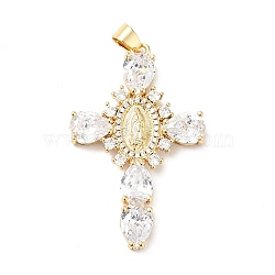 Rack Plating Brass Micro Pave Cubic Zirconia Pendants, Cadmium Free & Lead Free, Real 18K Gold Plated, Cross with Saint, Clear, 45.5x29x6mm, Hole: 4x6mm(X-ZIRC-I059-15G-06)