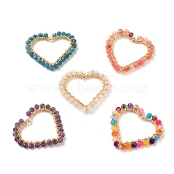 Heart Natural Faceted Gemstone Pendants, Wire Wrapped Pendants, with Brass Findings and Eco-Friendly Copper Wire, Golden, Mixed Dyed and Undyed, 39x42x4mm, Hole: 1.8mm(PALLOY-JF00511)