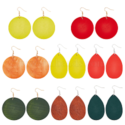 8 Pairs 8 Style Natural Wood Flat Round & Teardrop Dangle Earrings, Golden Iron Jewelry for Women, Mixed Color, 78~87mm, Pin: 0.5mm, 1 Pair/style(EJEW-FI0001-48)