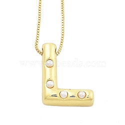 Brass & Plastic Pearl Letter Pendant Box Chain Necklaces for Women, Real 18K Gold Plated, Letter L, 17.64 inch(44.8cm)(NJEW-U017-01G-12)