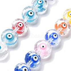 Handmade Evil Eye Lampwork Beads Strands, with Enamel, Faceted, Flat Round, 9.5~10x5.5~7mm, Hole: 1.2mm, about 35pcs/strand, 12.80 inch(32.5cm)(LAMP-F035-15D)