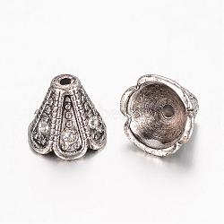 Tibetan Style Alloy Bead Caps, with Rhinestone, 4-Petal Flower, Antique Silver, 10.5x9mm, Hole: 1mm(PALLOY-D348-42AS)