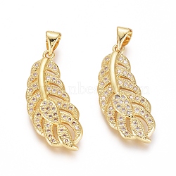 Brass Micro Pave Clear Cubic Zirconia Pendants, Feather, Golden, 26x11x3mm, Hole: 5x3mm(ZIRC-G153-38G)