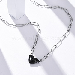 304 Stainless Steel Double-Sided Magnetic Heart Pendant Paperclip Chain Necklaces, Black, 18.31 inch(46.5cm)(NJEW-U028-02B)