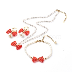 Transparent Acrylic with Glass Pearl Beads Hoop Earrings & Pendant Necklaces & Beaded Bracelets Jewelry Sets, with Handmade Brass Beaded Chains, Golden, Bowknot, Red, 15.79 inch(40.1cm), 37mm, Pin: 1mm, 7.24 inch(18.4cm), 3Pcs/set(X1-SJEW-TA00001)