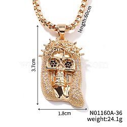 Brass Crystal Rhinestone Skull Crowned Jesus Pendant Box Chain Necklaces, Golden, 23.62 inch(60cm)(PU6252-1)