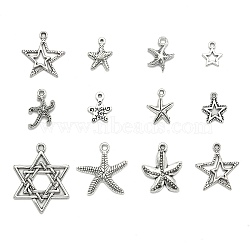 Tibetan Style Alloy Pendants, Star, Antique Silver, 15~36x12~36x1.5~3mm, Hole: 2~4mm(TIBEP-MSMC021-02AS)
