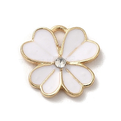Flower Alloy Enamel Pendants, with Rhinestone, Light Gold, White, 19x19.5x3mm, Hole: 4x2.5mm(ENAM-A007-04KCG-06)