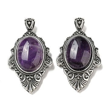 Natural Amethyst Big Pendants, Antique Silver Plated Alloy Oval Charms, 55x31.5x13mm, Hole: 7x5mm