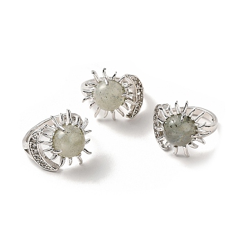Natural Labradorite Sun & Moon Open Cuff Rings, Platinum Brass Jewelry for Women, Lead Free & Cadmium Free, Inner Diameter: 17~18mm