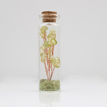 Glass Wishing Bottle Decorations, with Peridot Chips Tree Inside and Cork Stopper, 22x74mm