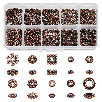 Elite 500Pcs 10 Styles Tibetan Style Alloy Spacer Beads, Flat Round & Square % Bicone, Mixed Shapes, Red Copper, 5~8x7x2~6mm, hole: 1~4mm, 50pcs/style