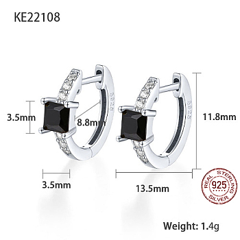 Platinum Rhodium Plated 925 Sterling Silver Hoop Earrings, Square Cubic Zirconia Earrings, with S925 Stamp, Black, 11.8x13.5mm