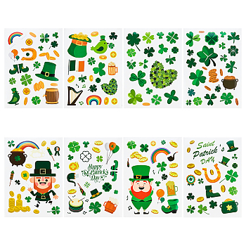 24 Sheets 8 Styles Saint Patrick's Day Paper Stickers, for Laptop Water Bottle Envelopes Crafts Scrapbooking, Leprechaun Hat & Shamrock & Coins & Beer, Green, 180x130x0.2mm, Stickers: 14~112x4~65mm, 3 sheets/style