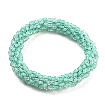 Crochet Glass Beads Braided Stretch Bracelet, Nepel Boho Style Bracelet, Aquamarine, Inner Diameter: 1-3/4 inch(4.5cm)